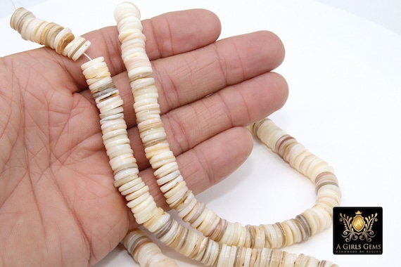 Shell Bead Heishi Bead Strands, Natural Beige Ivory Flat Shell