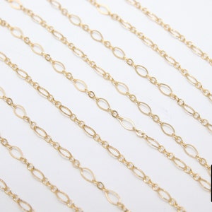 May include: Multiple strands of gold chain, each with a different length, are laid out on a white surface. The chains are made of oval-shaped links.