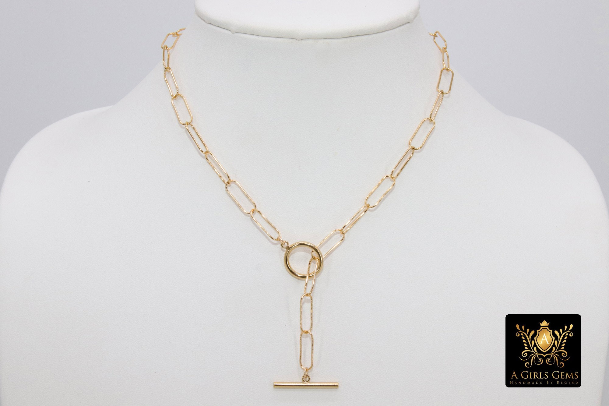 14 K Gold Large Toggle Bar Necklace, Large Double Wrap Rectangle