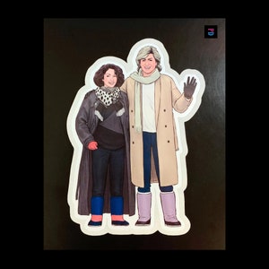 Adhesivo de personaje dúo de pareja de invierno, resistente a la intemperie, mate/brillante, cortado al beso, 3 tamaños