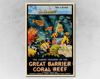 Explore AUSTRALIA Coral Sea Barrier Reef Vintage Poster Reproduction FREE S//H