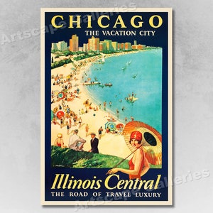 1920s Chicago Illinois Central Railroad Vintage Style Travel Poster