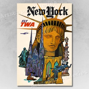 1960 New York City Fly TWA Vintage Style Travel Poster