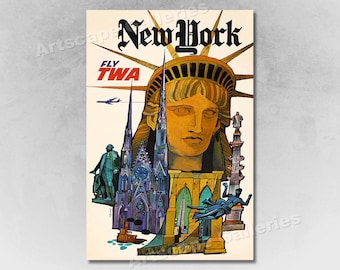 1960 New York City Fly TWA Vintage Style Travel Poster