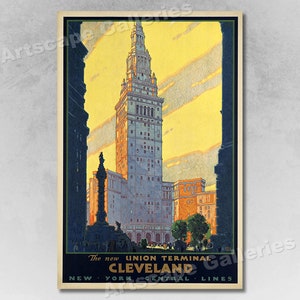 May include: Vintage travel poster advertising the new Union Terminal in Cleveland, Ohio. The poster features a yellow and blue color scheme with a tall building in the center. The text reads "The new UNION TERMINAL CLEVELAND NEW YORK CENTRAL LINES".