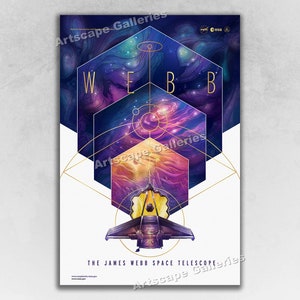 May include: A poster with a white background and a gold geometric design. The design features a stylized image of the James Webb Space Telescope in the center, surrounded by a purple, blue, and orange nebula. The text "WEBB" is written in large letters at the top of the poster, and the text "THE JAMES WEBB SPACE TELESCOPE" is written in smaller letters at the bottom.