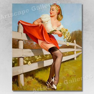 1950&#39;s &quot;On the Fence&quot; Vintage Style Elvgren Pin-Up Girl Upskirt Poster