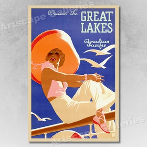 Crucero de los años 30 por los Grandes Lagos Póster de viaje en barco de estilo vintage