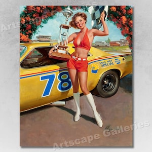 Racing &quot;Victory!&quot; Vintage Style Elvgren Pin-Up Girl Winner Poster