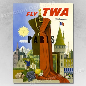 Fly to Paris on TWA 1950s Vintage Style Travel Poster