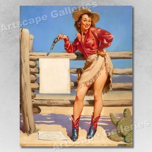 Western Vintage Style Elvgren Pin-Up Girl Poster&quot;Beat That&quot; Cowgirl