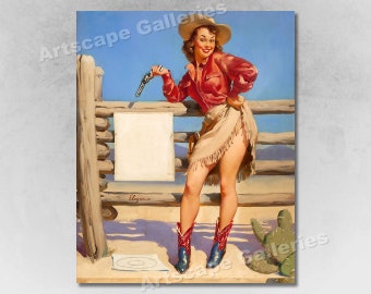 Targa In Metallo Decorativa Vintage Pin Up Girl Cowgirl, 20,3 X 30,5 Cm, Per Bar, Pub, Taverna