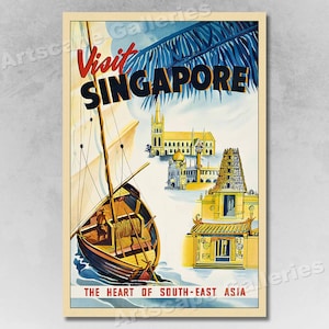 Visit Singapore the Heart of Asia 1950s Vintage Style Travel Poster