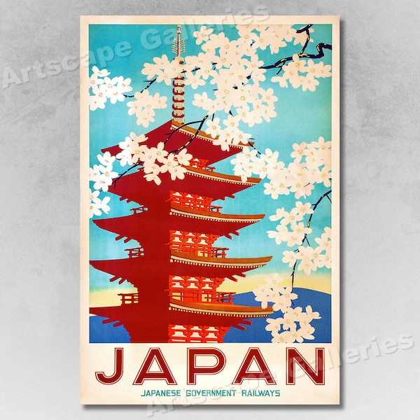 1950s Japan Cherry Blossoms Vintage Style Japanese Railway Travel Poster