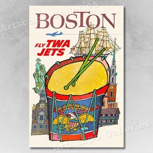 TWA 1960s &quot;Boston&quot; Fly TWA Jets Vintage Style Airline Travel Poster