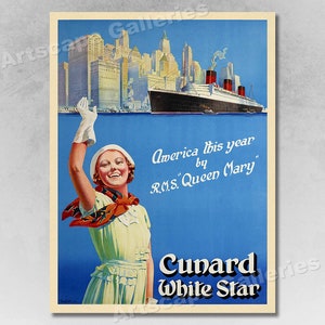 1939 RMS Queen Mary Oceanliner Vintage Cunard Line Travel Poster