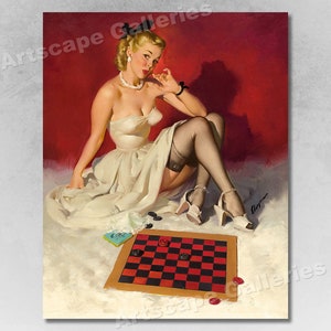 Elvgren Pin-Up Girl &quot;Check and Double Check&quot; Checker Game Poster