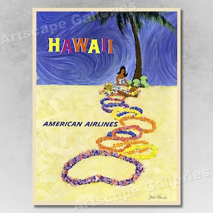 1950s Hawaiian Girl Vintage Style Airline Travel Poster