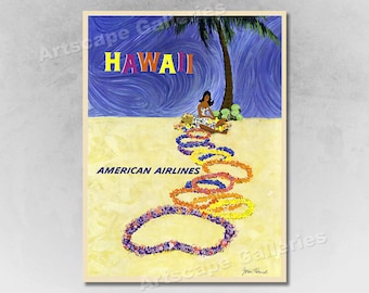 May include: A vintage travel poster advertising a trip to Hawaii with American Airlines. The poster features a woman making a flower lei on a beach with a palm tree in the background. The text on the poster reads "Hawaii" and "American Airlines".