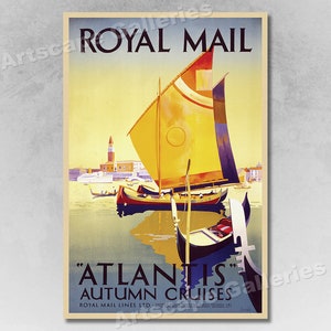 Cartel de viaje de estilo vintage de Royal Mail Atlantis Autumn Cruises de la década de 1930