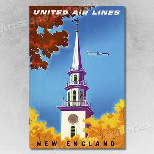 Cartel de viaje de estilo vintage de Nueva Inglaterra en otoño de los años 50