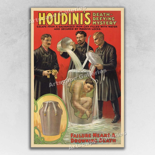 1908 Houdini Milk Can Water Escape Poster - Vintage Magic Art Print Poster