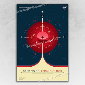May include: A poster with a red and blue color scheme featuring a stylized illustration of an atomic clock with a person standing in the center. The text "DEEP SPACE ATOMIC CLOCK" is at the bottom of the poster. The text "BETTER CLOCKS, BETTER NAVIGATION, BETTER SCIENCE" is below the title. The text "EXPLORE" is at the bottom left corner of the poster.