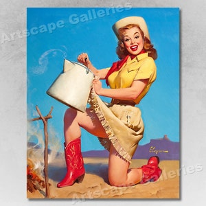 1950&#39;s Elvgren Pin-Up Girl Poster &quot;Tops in Service&quot; Cowgirl Coffee