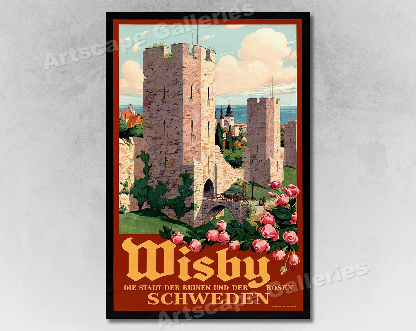 1930s Visby Sweden "City of Ruins and Roses" Vintage Style Travel Poster