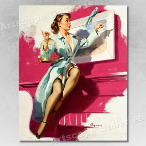 Canary Bird "Pretty Cagey" 1953 Vintage Style Elvgren Pin-Up Girl Poster
