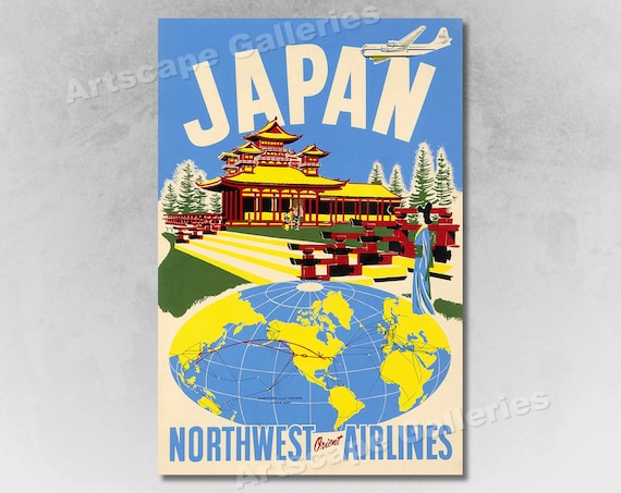 Northwest Orient航空 ビンテージ ポスターです c.1960s Northwest Orient Airlines Japan Travel Poster