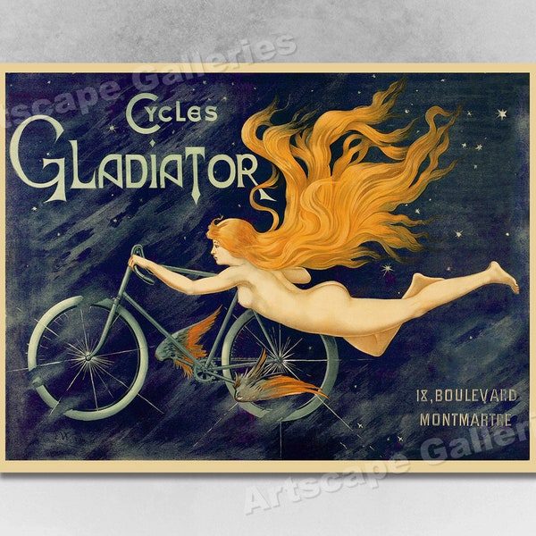 Cycles Gladiator Vintage Style 1895 Art Nouveau Bicycle Poster