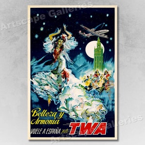 1960s TWA Spanish Dancer Vintage Style Travel Poster