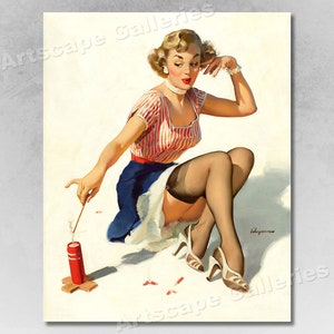 1950s &quot;Looking for Trouble&quot; 4th of July Elvgren PinUp Girl Fireworks Poster
