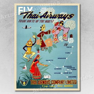 1950s See Thailand via Thai Airways Vintage Style Travel Poster