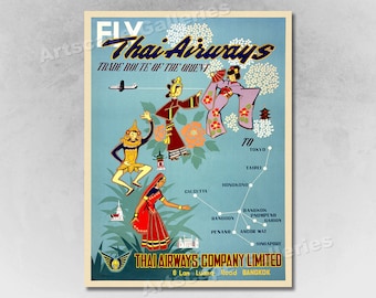 1950s See Thailand via Thai Airways Vintage Style Travel Poster