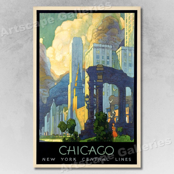 1920s Art Deco Chicago Vintage Style NY Central Line Travel Poster