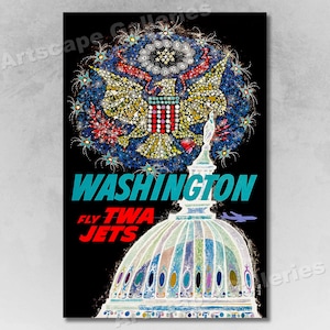 1960s &quot;Washington Fly TWA&quot; Vintage Style Airline Travel Poster