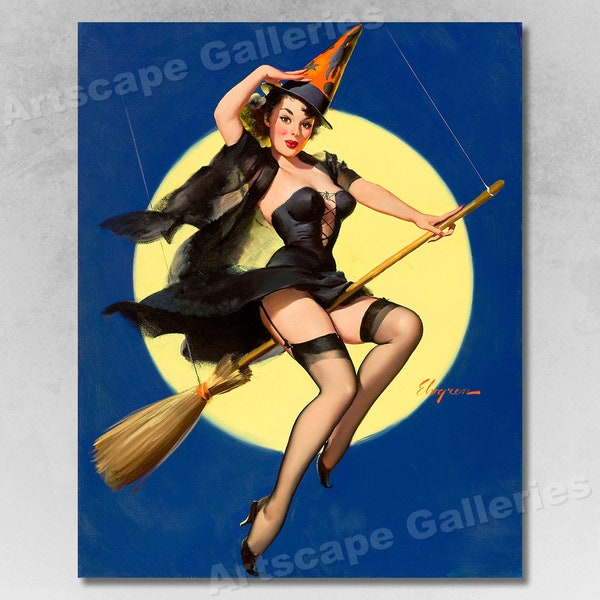 Gil Elvgren 1958 PinUp Girl "Riding High" Halloween Witch Poster