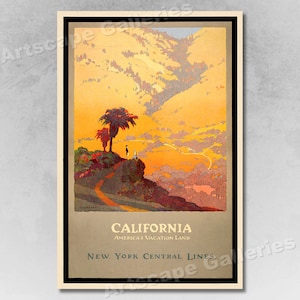 1920s California New York Central Line Vintage Style Train Travel Poster