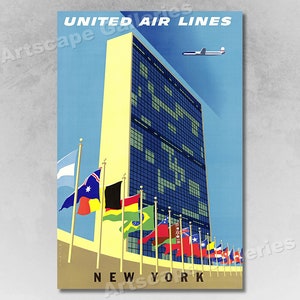 1950s New York - United Nations Vintage Style Airline Travel Poster