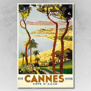 Cartel de viaje francés de Cannes Cote d'Azur Vintage Style 1930s