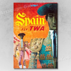 1960 Spain Fly TWA Bullfighter Vintage Style Travel Poster