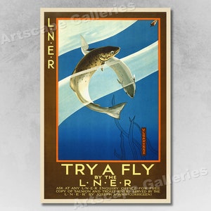 1930s Trout Fly Fishing Classic Vintage Style Travel Train Poster