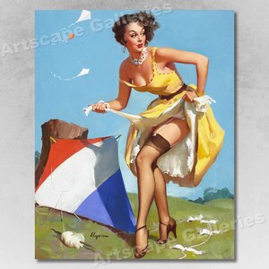 1950s &quot;The Final Touch&quot; Vintage Style Elvgren Windy Day Pin-Up Girl Kite Poster