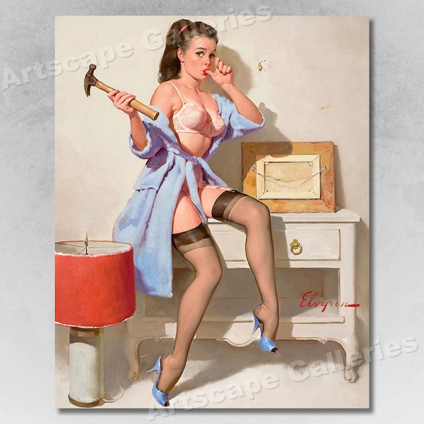 Elvgren 1967 Sexy Pin-Up Girl "The Wrong Nail" Hammer Poster