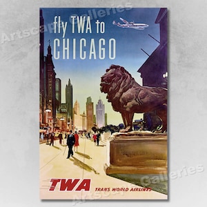 1960s &quot;Fly TWA to Chicago&quot; Vintage Style Airline Travel Poster