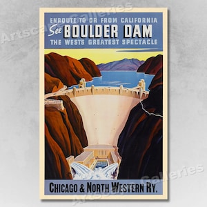 See Boulder Dam! 1940s Vintage Style Railroad Travel Poster