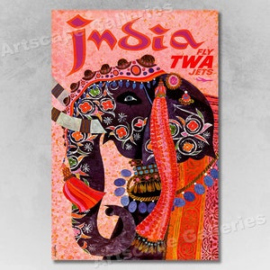 India Elephant 1960s Vintage Style Air Travel Poster