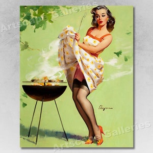 1950s Elvgren Pin-Up Girl BBQ Grilling Poster &quot;Smoke Screen&quot;